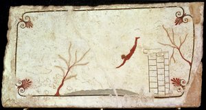Maleri fra dykkerens grav fra den sydlige kirkegård ved Paestum, 480-470 f.Kr.